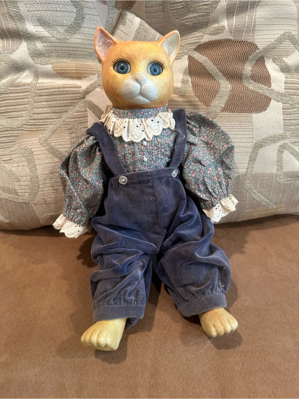 Carol Anne Dolls Bette Ball Cat Doll in Blue Overalls and Floral Blouse